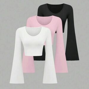 3 pc bundle White Pink Black Bell Sleeve Crop Top long sleeve